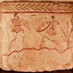 paestum-musee-fresque trouver sur le site-combat de-gladiateurs avec une lance bis