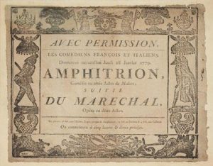 Theatre Affiche Fin Xviiie Affiche Imprimee Pour Une Representation Des Comediens Francais Et Italiens Le 28 Janvier 1779 De La Comedie En Trois Actes De Moliere Amphitryon Suivie De L Opera En